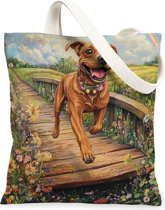 Generic Spring Rhodesian Ridgeback Dog Canvas Tote Bag for Shopping 13x15, Country Garden Puppy Reusable Grocery Print Pattern Bag for Women, Fun Flower Pet B