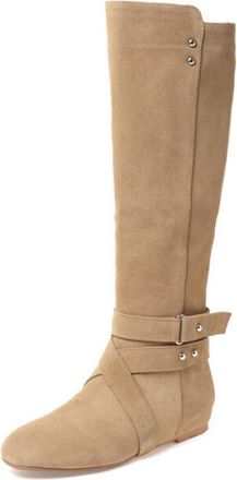 Generic Womens Flat Heel Knee High Boots with Buckle Round Toe Casual Boots Faux Suede Long Boot with Side Zipper,Apricot Velvet Lining,4.5 UK