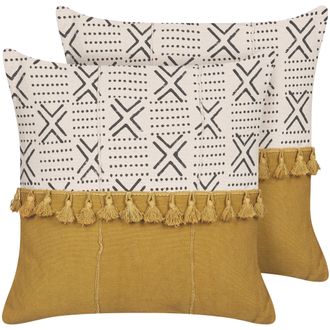 Beliani Beliani - Conjunto De 2 Cojines De Algod&oacute;n Amarillo Mostaza Blanco Negro 45 X 45 Cm Woodi