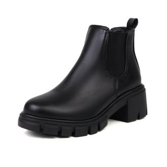 Generic Womens Chelsea Ankle Boots Smooth PU Leather Round Toe Chunky Lug Sole Elastic Side Pull Tab Slip On Durable Stylish Comfortable Design,Black,4.5 UK