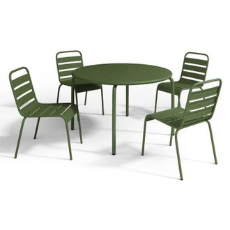 Vente-Unique Sala da pranzo da giardino in Metallo Kaki MIRMANDE: un tavolo D.110cm e 4 sedie impilabili