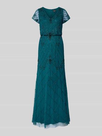 Adrianna Papell Abendkleid mit V-Ausschnitt und Perlenbesatz in Petrol, Gr&ouml;&szlig;e 36