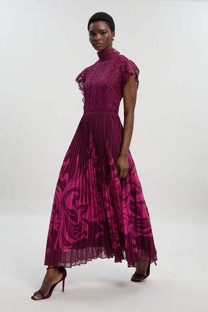 Karen Millen Womens Guipure Lace Pleated Maxi Dress - Purple - Size 10 UK