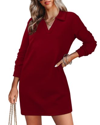 Generic Womens Fall Sweater Dress,V Neck Long Sleeve Sweater Fashion Pullover Dress, Womens Fall Dresses (Burgundy,2XL)