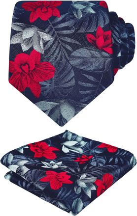 Alizeal Mens Floral Pattern Tie with Pocket Square Classic Casual for Party Wedding Necktie and Hanky Set, Navy+Red