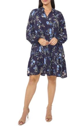 CeCe by Cynthia Steffe Floral Long Sleeve Babydoll Dress in Classic Navy at Nordstrom, Size 3X