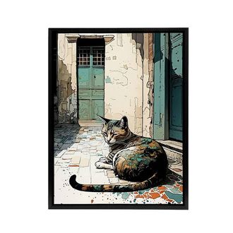 Artery8 Street Cat Sunbathing On Cobblestone Framed Canvas Wall Art Print | Size: W24 x H32