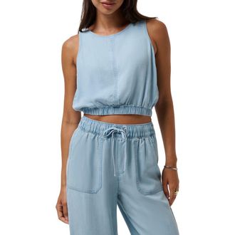 Travis Mathew Sleeveless Elastic Waist Crop Chambray Top in Vintage Light Wash at Nordstrom, Size Medium
