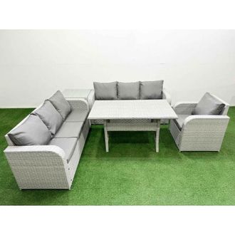 Fimous 7 Seater Poly Rattan Outdoor Garden Furniture Rectangular Dining Table Sofa Set Patio 3 Seater Sofa Reclining Chair 3 Seater Sofa Light Grey - Fimous