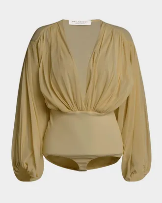Philosophy di Lorenzo Serafini Plunging Gathered Long-Sleeve Bodysuit