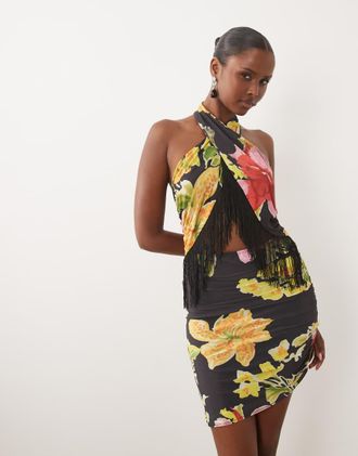 Asos Vestito corto allacciato al collo nero con stampa floreale e frange-Multicolore