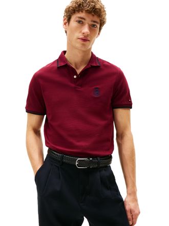 Tommy Hilfiger Mens Short Sleeve Casual Polo Shirts in Regular Fit with Embroidered Crest Design, Deep Rouge, Large