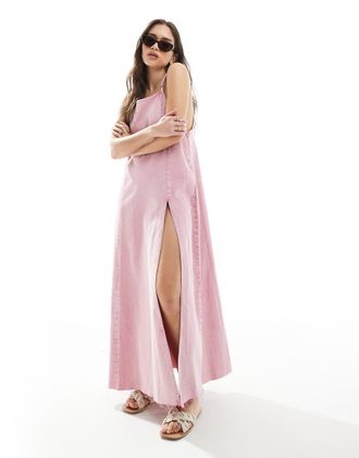 Monki denim cami maxi dress with front slit in pink