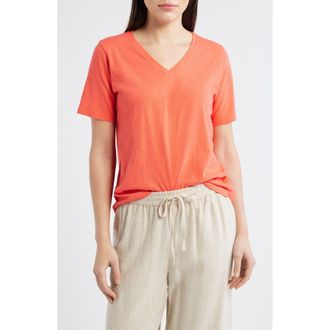 Eileen Fisher Easy V-Neck Organic Cotton T-Shirt in Watermelon at Nordstrom, Size Xx-Small