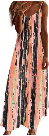 Generic Women Strappy Summer Dress Casual Bohemian Maxi Dresses Vintage Floral Print Flowy Beach Holiday Dresses V Neck Sleeveless Summer Boho Long Sundress L