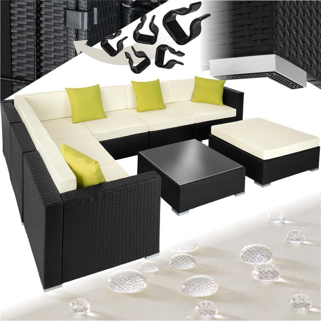 TecTake Poly Rattan Lounge, Garten Loungemöbel Set für 6 Personen, große Sitzgruppe mit L-Form Sofa und Esstisch Outdoor, Gartenmöbel wetterfest, Terrassenmöb ab 599,79 €