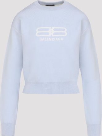 Balenciaga Womens Light Blue Cropped Wool Pullover - Light Grey Elastane - Size X-Small