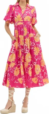 Entro Floral Print Tiered Midi Dress In Hot Pink