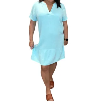 bobi Split Neck Ruffle Hem Dress In Teal