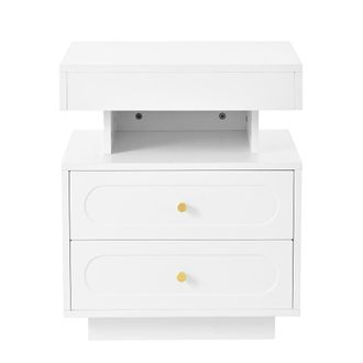 Urban Meuble Mesita de noche moderna blanca con dos cajones y tiradores dorados