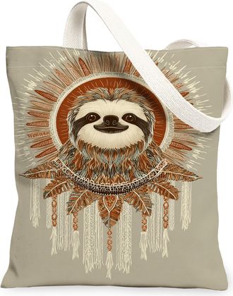 Generic Sloth Canvas Tote Bags, Wildlife Design Reusable Grocery Bags, Summer Bohemian Vintage Lightweight Washable Shoulder Strap, Beige, 13x15 Inch