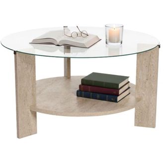 Dmora Tavolino da Salotto Canevino, Forma Rotondo, Materiale Piano in Vetro, Colore Ripiano Trasparente, 75x75x40h cm Bianco Marmo