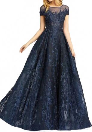 Mac Duggal Long Formal Cap Sleeve Evening Gown In Midnight Blue