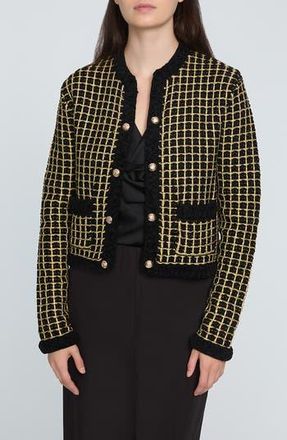 Elie Tahari The Alexis Metallic Grid Cardigan in Noir With Gold Lurex at Nordstrom Rack, Size X-Large