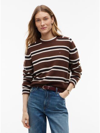 Tommy Hilfiger Womens Wool Crewneck Sweater - Brown Stripe - XXS