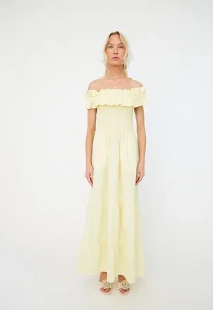 Cras Capri Bardot Ruffle Maxi Dress in French Vanilla at Nordstrom, Size 10