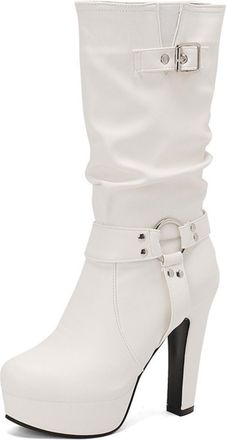 Generic Womens Mid Calf Ruched Platform High Heel Boots Round Toe Faux Leather Metal Buckle Slip On Bold Color Retro Style Comfortable Durable For Daily Casua