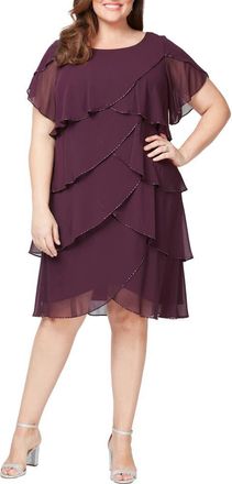 S.L. Fashions Bugle Beaded Tiered Cocktail Dress in Aubergine at Nordstrom, Size 14W