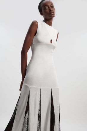 Karen Millen Womens Tall Viscose Blend Slinky Sheer Lace Detail Knit Maxi Dress - Cream - Size X-Small