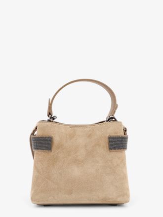 Brunello Cucinelli Womens Shoulder Bag With Monili Detail Beige Suede