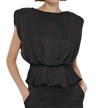 Toccin Saylor Strong Shoulder Silky Satin Top In Black