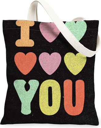 Generic Colorful Heart Canvas Tote Bags, Vibrant Love Design Reusable Grocery Bags, Spring Retro Chic Lightweight Washable Shoulder, Black, 13x15 Inch