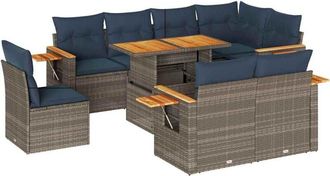 vidaXL 9 Piece Garden Sofa Set with Cushions Grey Poly Rattan Acacia Vidaxl