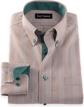Paul Fredrick Tailored Fit Comfort Stretch Non-iron Plaid Dress Shirt With Contrast Trim