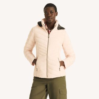 Nautica Womens Short Hooded Jacket With Faux Fur Trim
