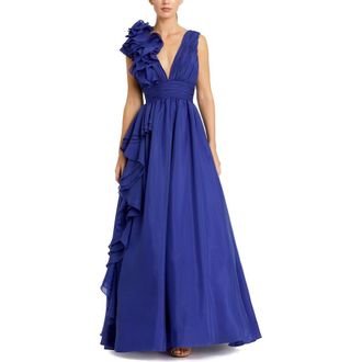 Mac Duggal Ruffle Shoulder V-Neck Chiffon Gown in Cobalt at Nordstrom, Size 2