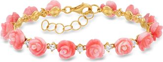Ross-Simons Pink Coral and White Topaz Rose Bracelet in 18kt Gold Over Sterling