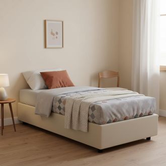 Talamo Italia Cama Individual Rachele, Cama Contenedor Con Revestimiento De Tela, 100% Made In Italy, Apertura Frontal, Con Colch&oacute;n 80x200 Cm Incluido, Beige, Con E