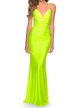 La Femme Ruched V-Neck Gown - Plus In Neon Yellow