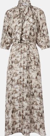 Max Mara Printed tie-neck silk twill midi dress