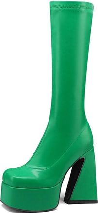 Generic Womens mid calf platform boots chunky cutout block heels stretch fabric square toe glossy finish,Green,6.5 UK