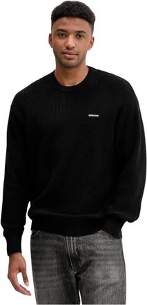Guess Round-neck Knitwear, male, Black, Size: 2XL Ribbed Crewneck Sweater