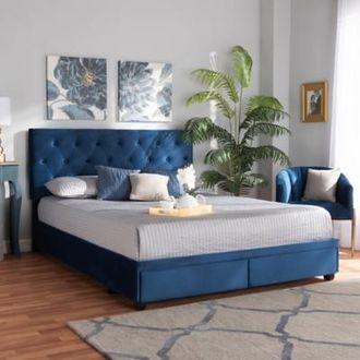 Ashley Baxton Studio Caronia Velvet Upholstered Queen Platform Storage Bed, Blue