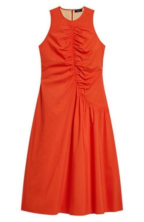 Theory Asymmetric Ruched Sleeveless Midi Dress in Poppy at Nordstrom, Size 12