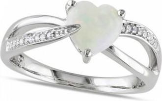 Allurez Heart Shaped White Opal Solitaire & Diamond Ring in Silver (0.99ct)