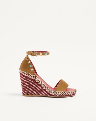 Valentino Garavani Rockstud Double Wedge Sandal in Split Leather with Cabochon Stones 105mm Wo
